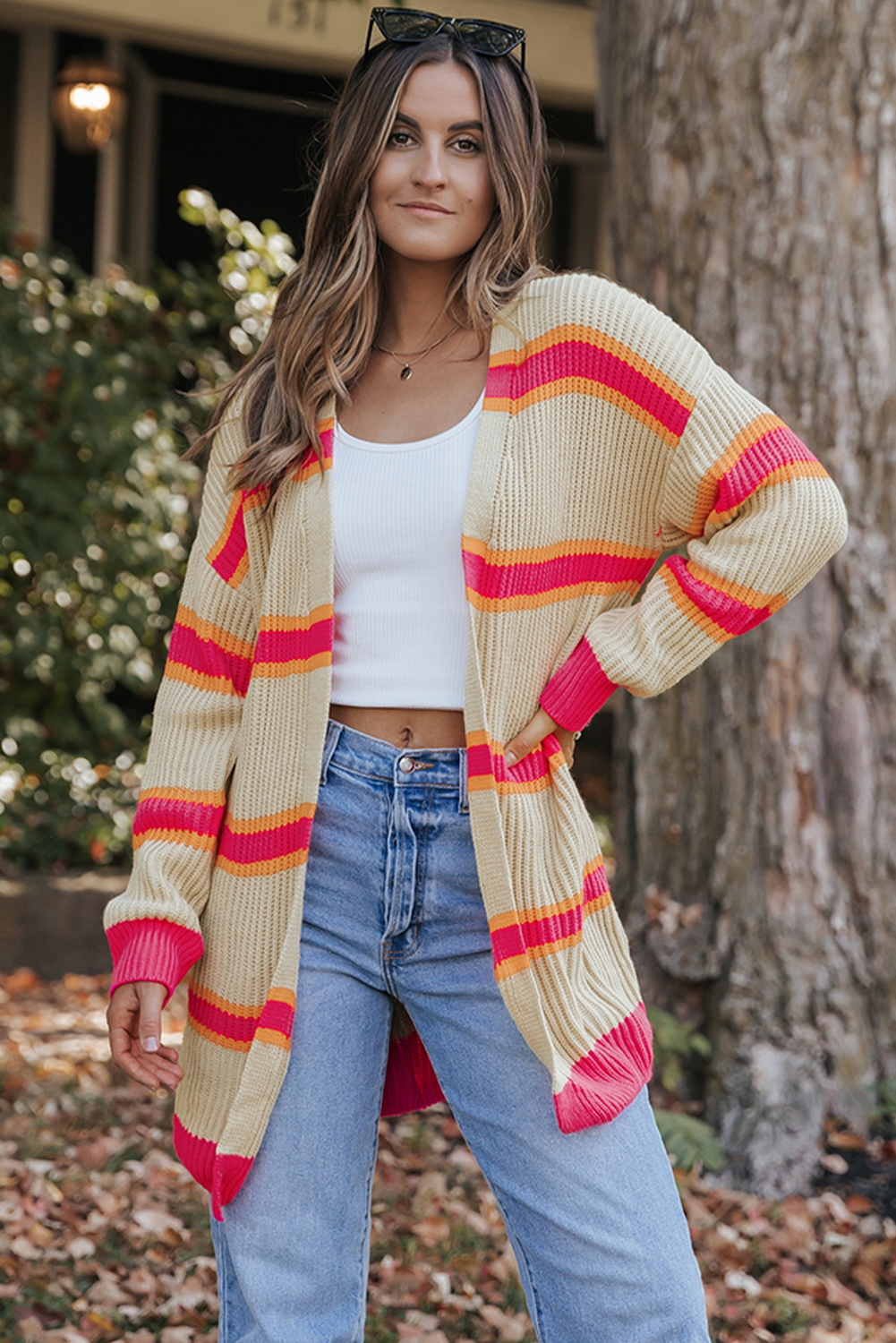 Stripe Printed Ribbed Long Knitted Cardigan - loveforevers