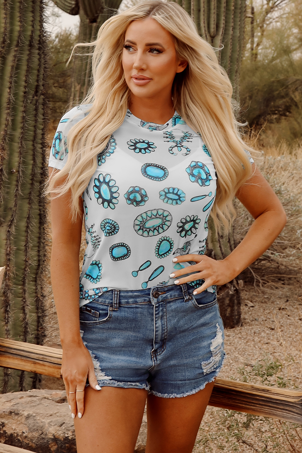 Sky Blue Western Turquoise Printed Crewneck Slim Fit Tee - loveforevers