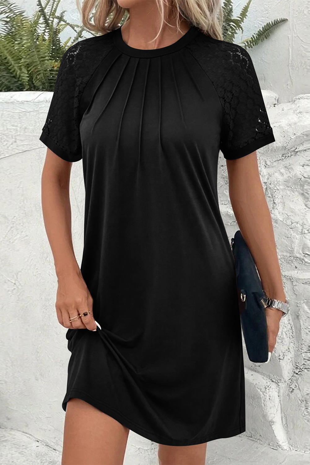 Navy Blue Contrast Lace Raglan Sleeve Pleated Detail Shift Dress - loveforevers