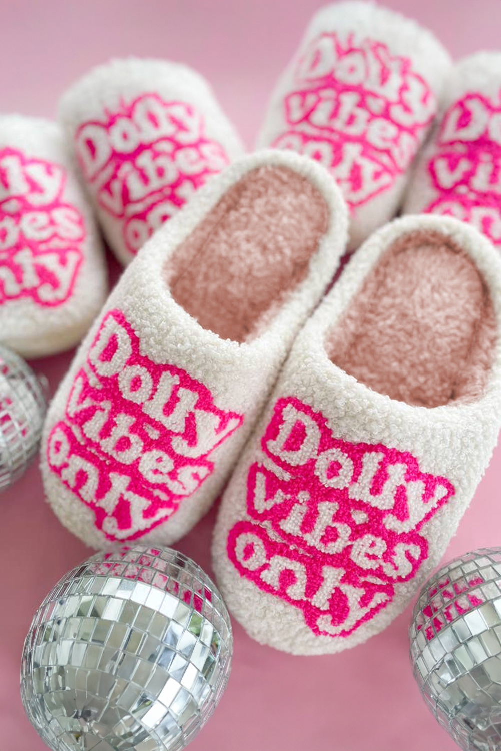 White Dolly Vibes Only Slip On Plush Slippers - loveforevers