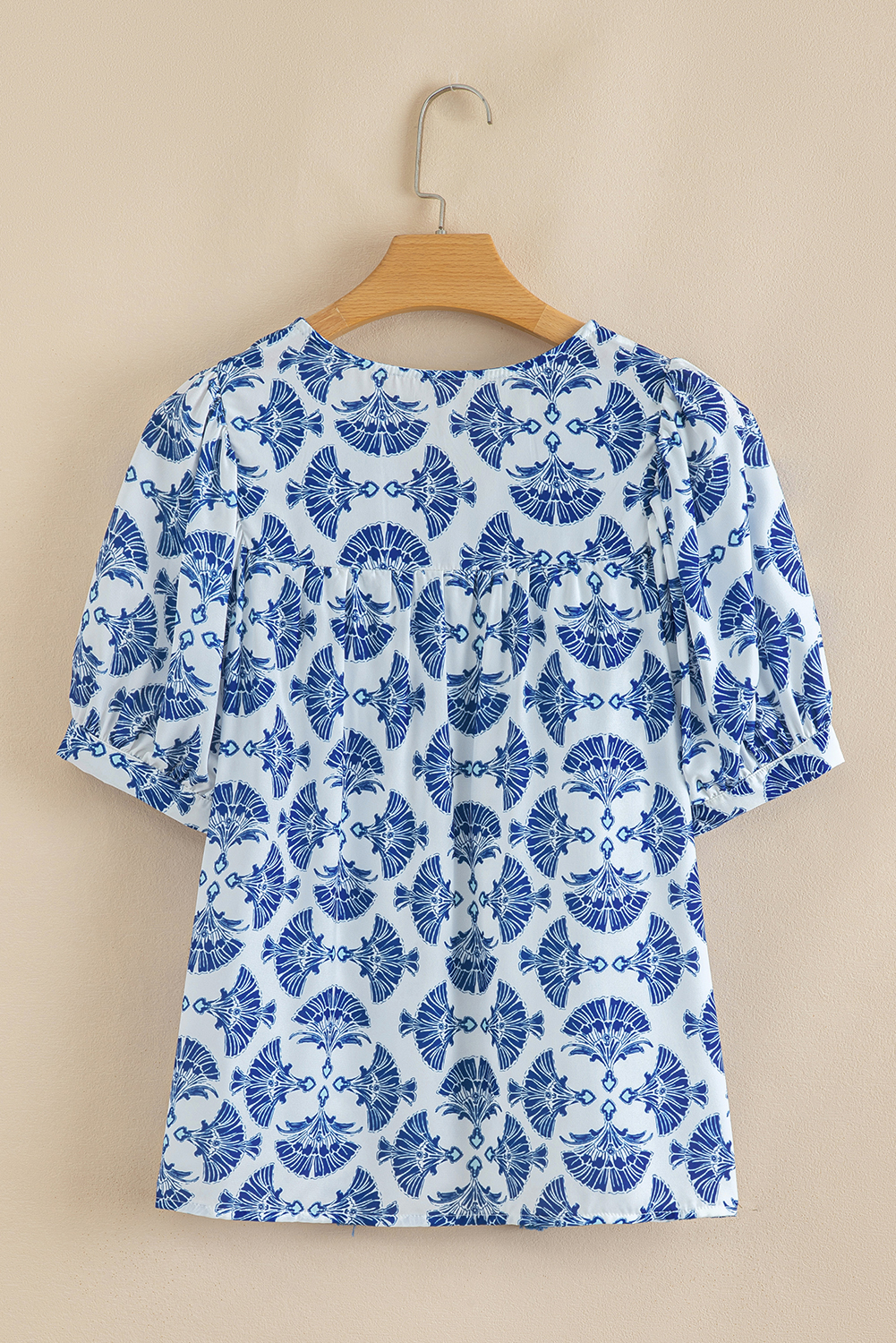 Sky Blue Geometric Print Tassel Drawstring V Neck Blouse - loveforevers