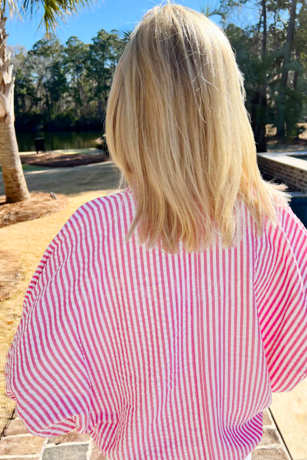 Sachet Pink Striped Print Contrast Split Neck Dolman Sleeve Blouse - loveforevers