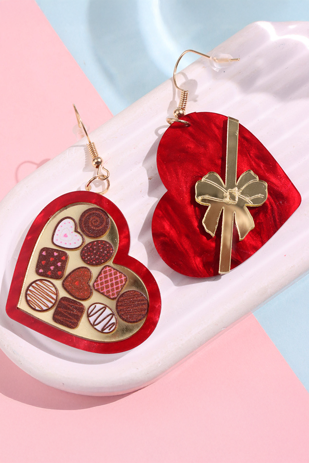 Fiery Red Box of Chocolate Heart Shape Dangle Earrings - loveforevers