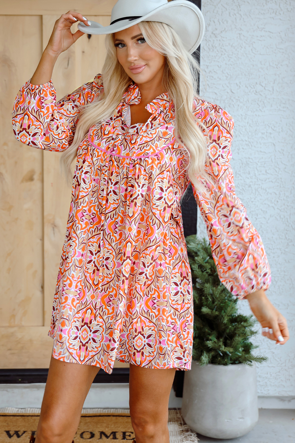 Khaki Abstract Printed Long Sleeve Tied Neckline Mini Dress - loveforevers
