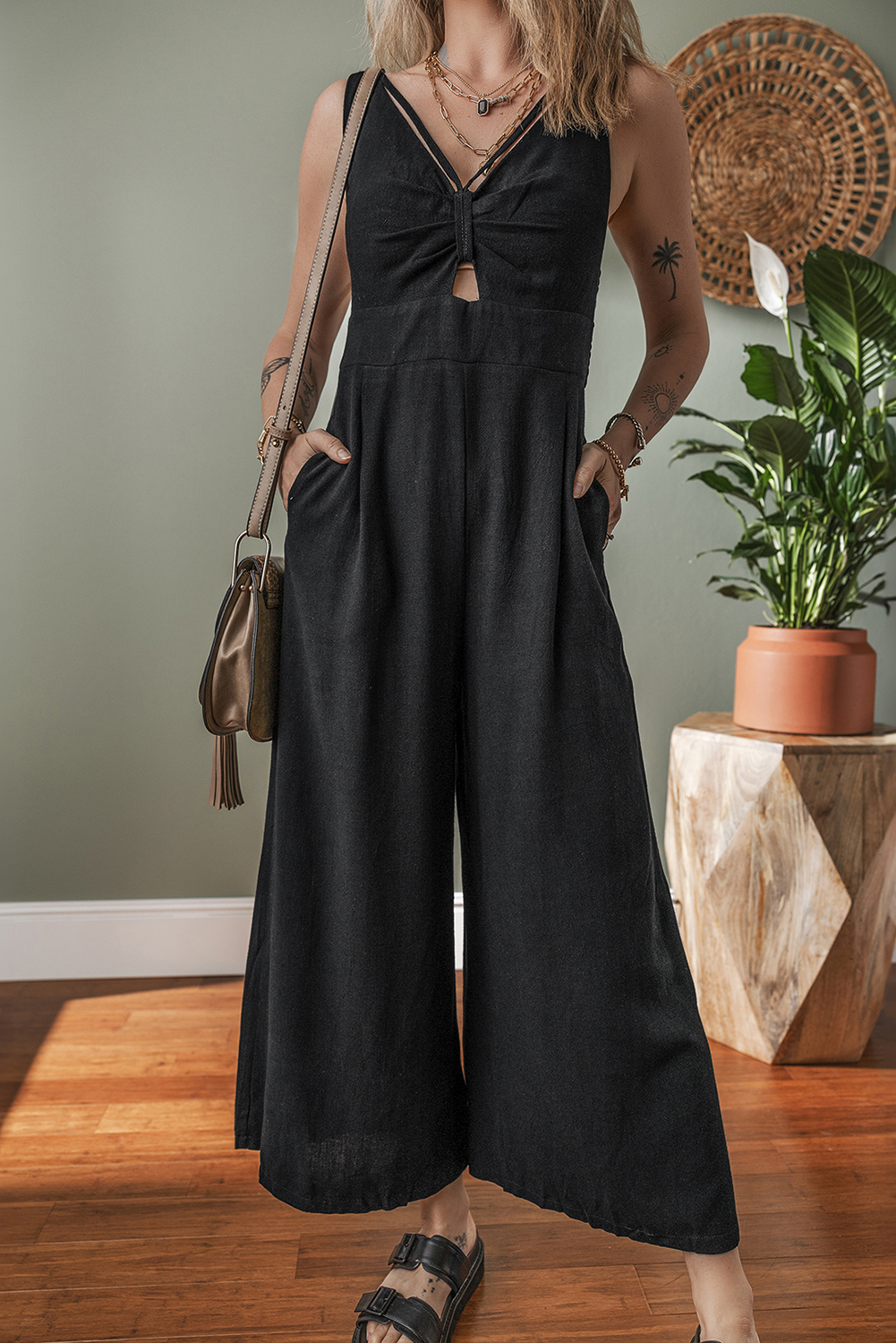 Black Front Cut Out Smocked Back Sleeveless Wide Leg Jumpsuit - loveforevers