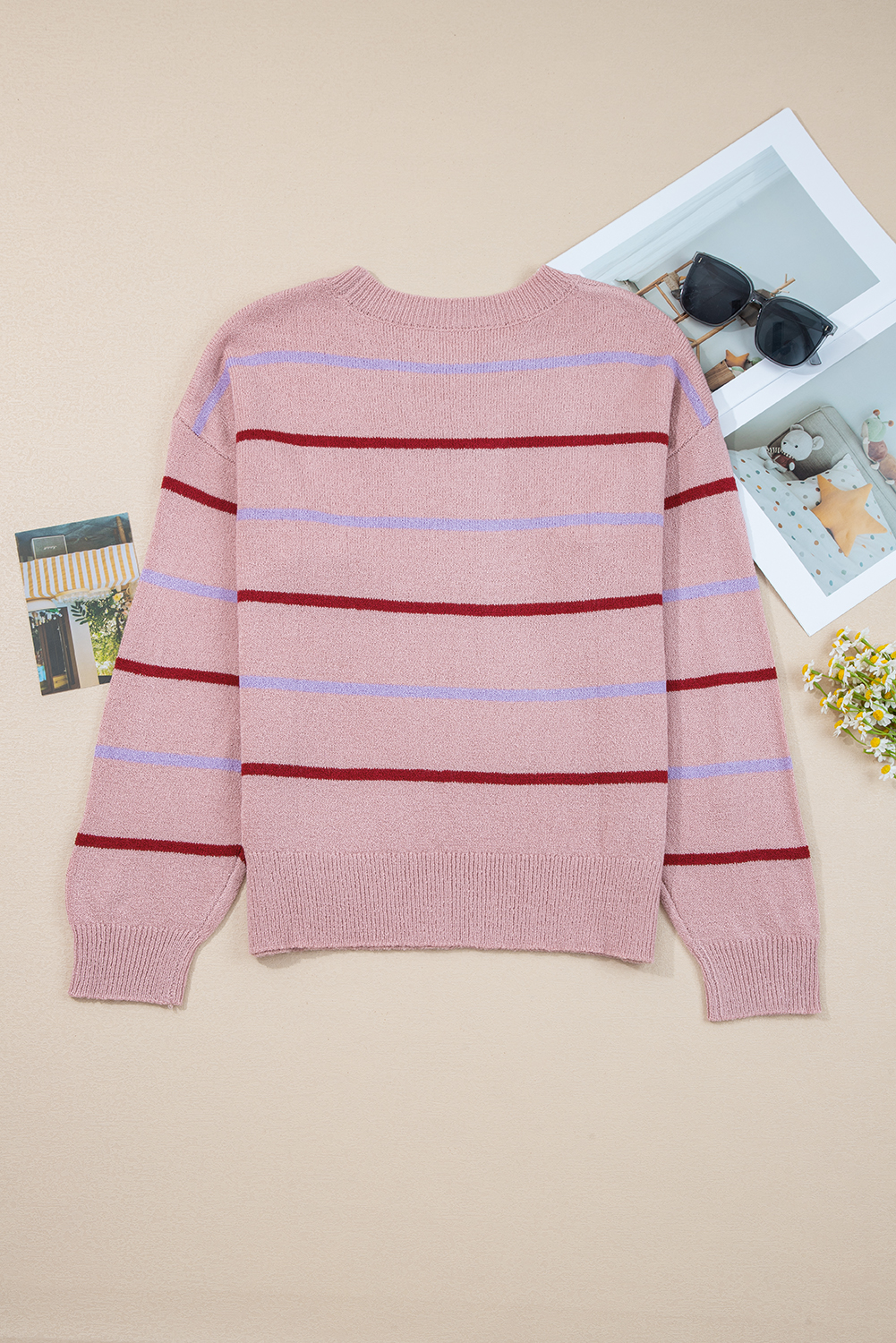 Multicolour Striped Buttoned Front V Neck Drop Shoulder Cardigan Sweater - loveforevers