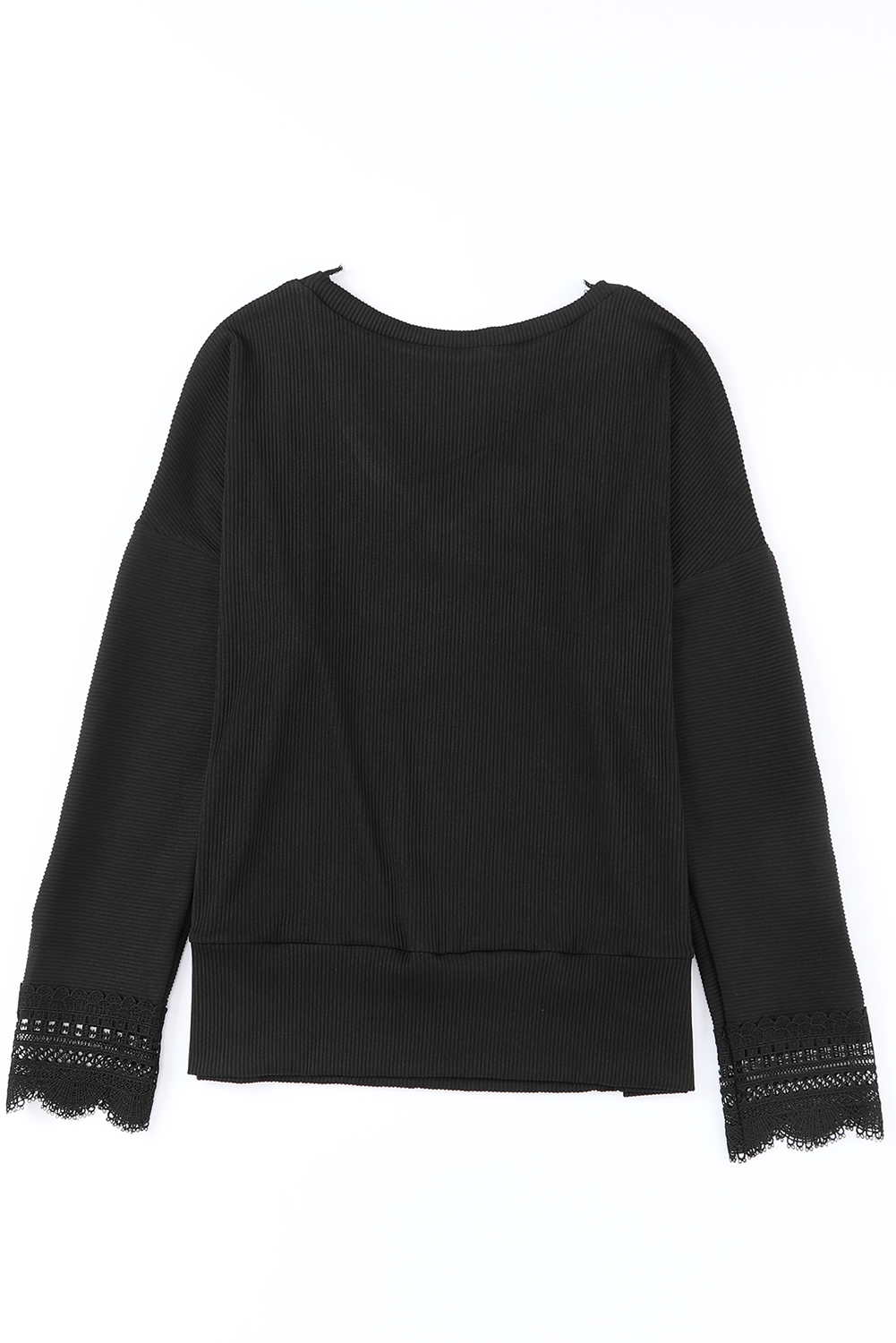 Black Ribbed Texture Lace Trim V Neck Long Sleeve Top - loveforevers