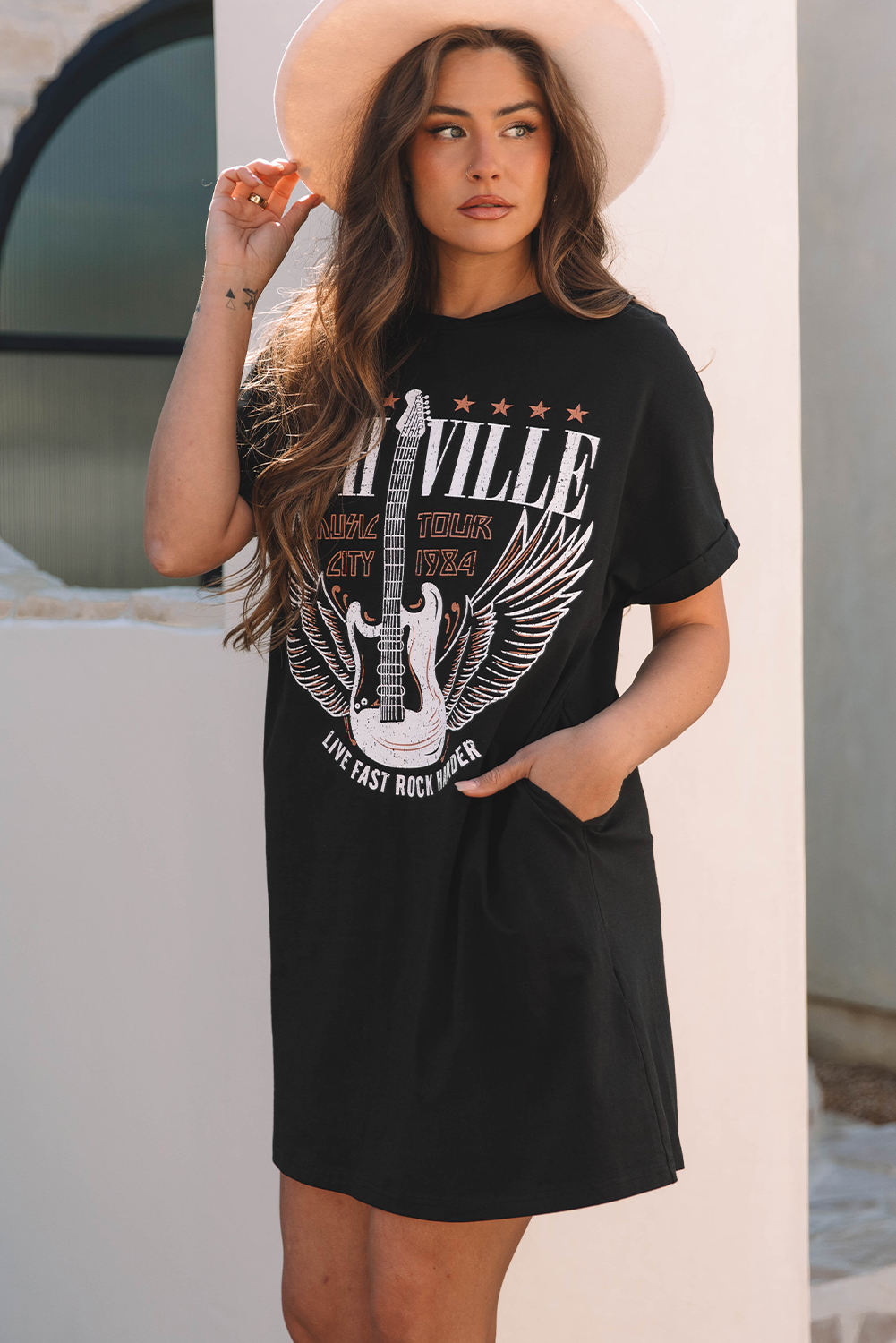 Black Nashville Guitar Print Crew Neck T Shirt Mini Dress - loveforevers