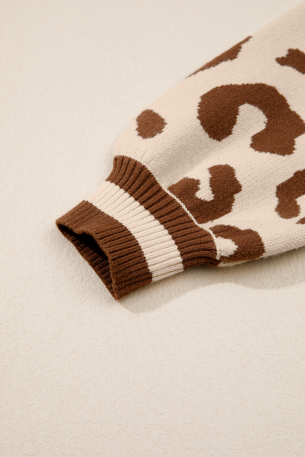 Light French Beige Leopard Printed Knit V Neck Casual Sweater - loveforevers
