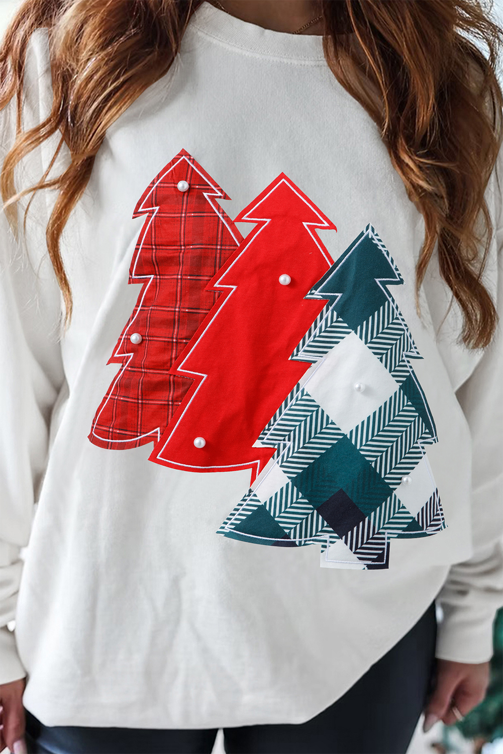 White Pearl Plaid Christmas Tree Patched Drop Shoulder Sweatshirt - loveforevers