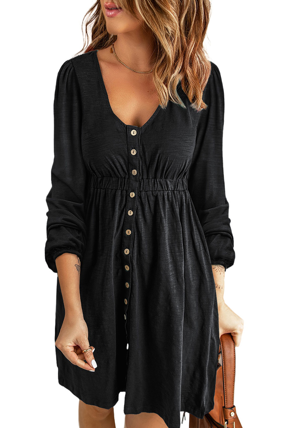 Black Button Up High Waist Long Sleeve Dress - loveforevers