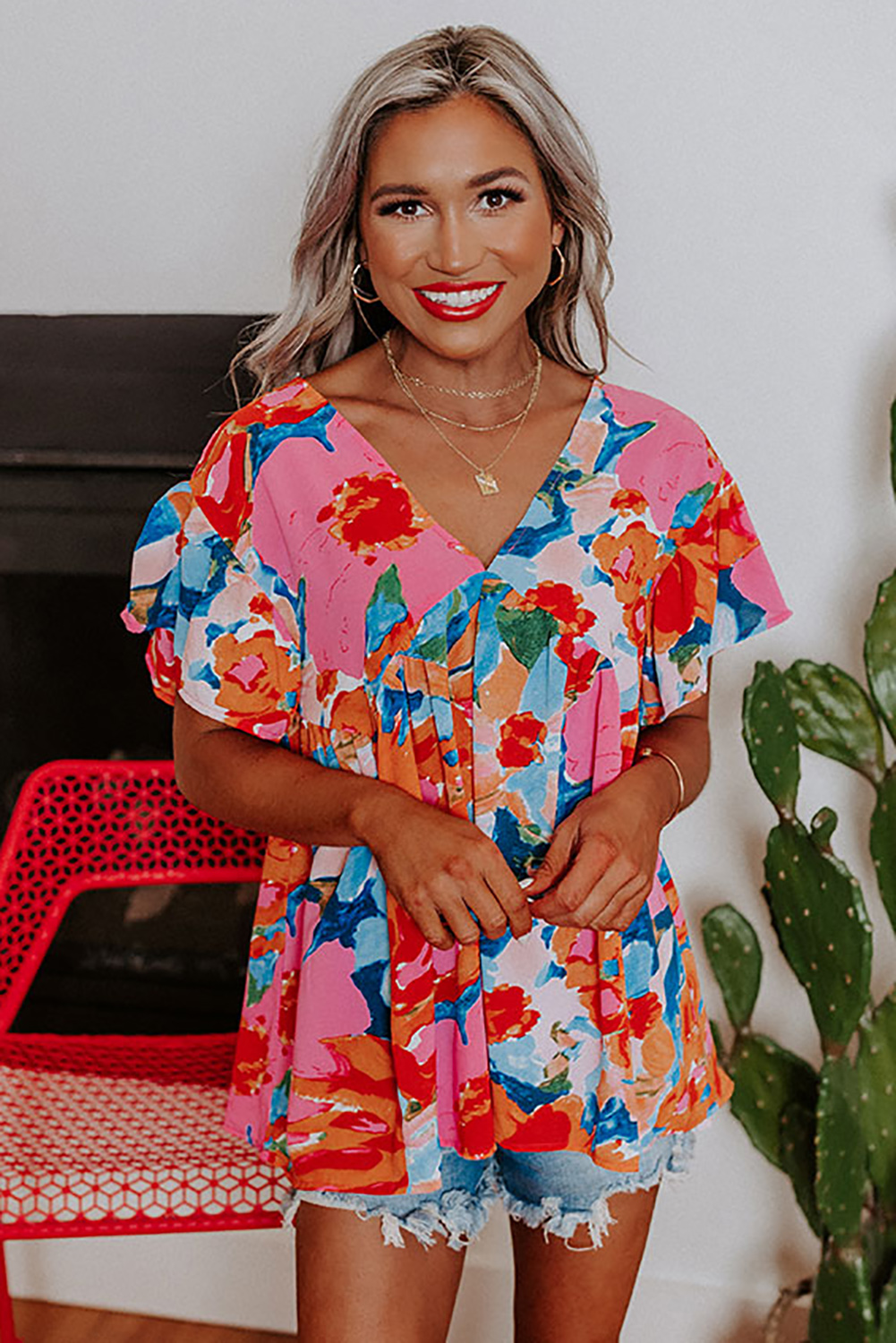 Pink Abstract Print V Neck Flutter Sleeve Blouse - loveforevers