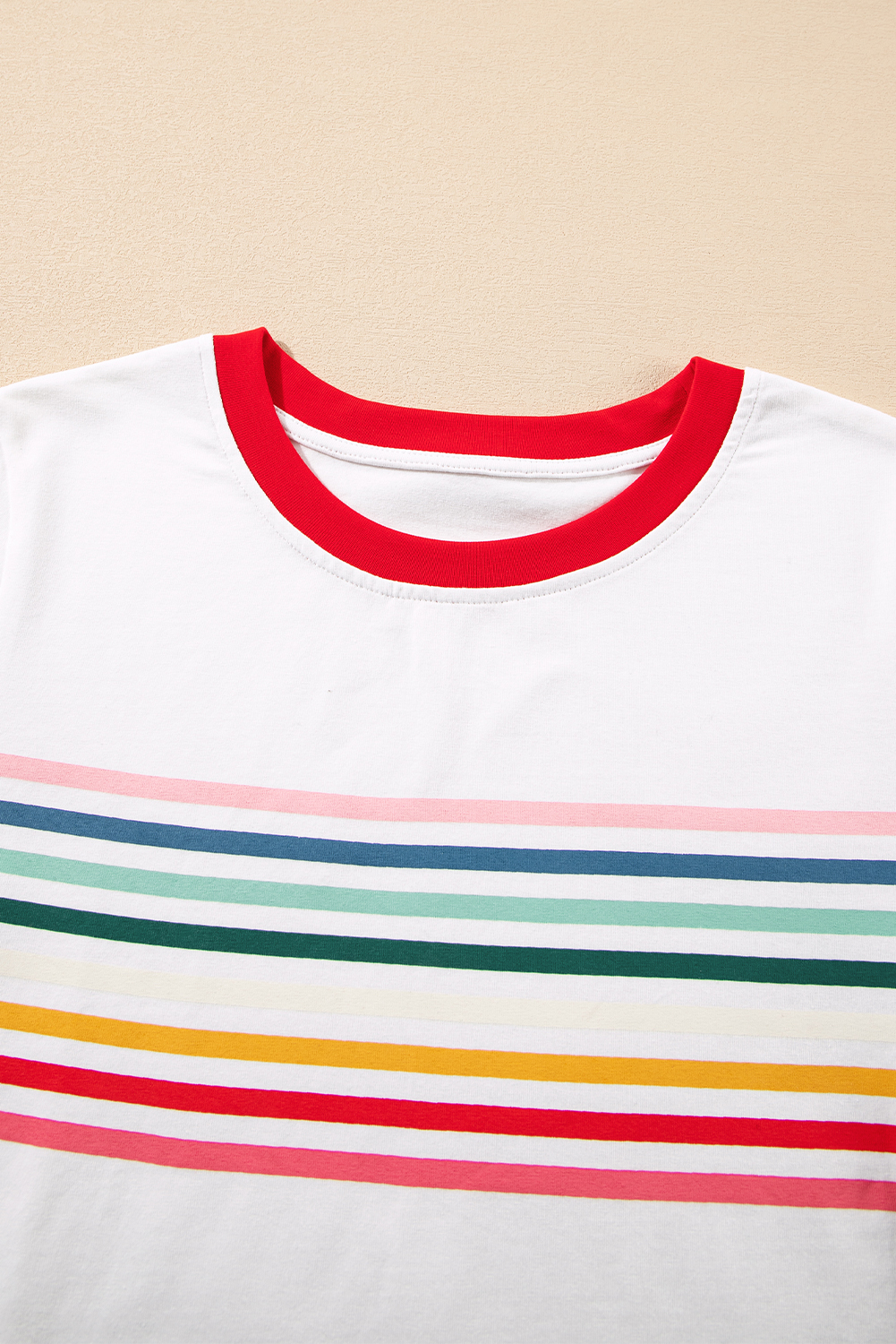 White Rainbow Stripe Print Contrast Crewneck T Shirt - loveforevers