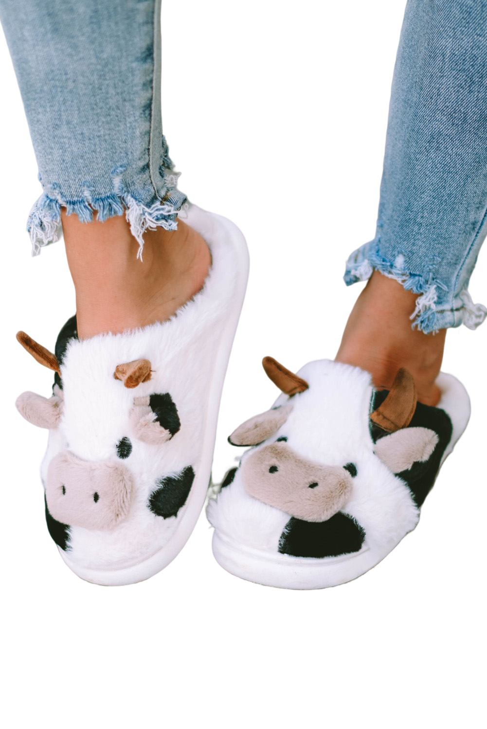White Cartoon Animal Cow Plush Slippers - loveforevers