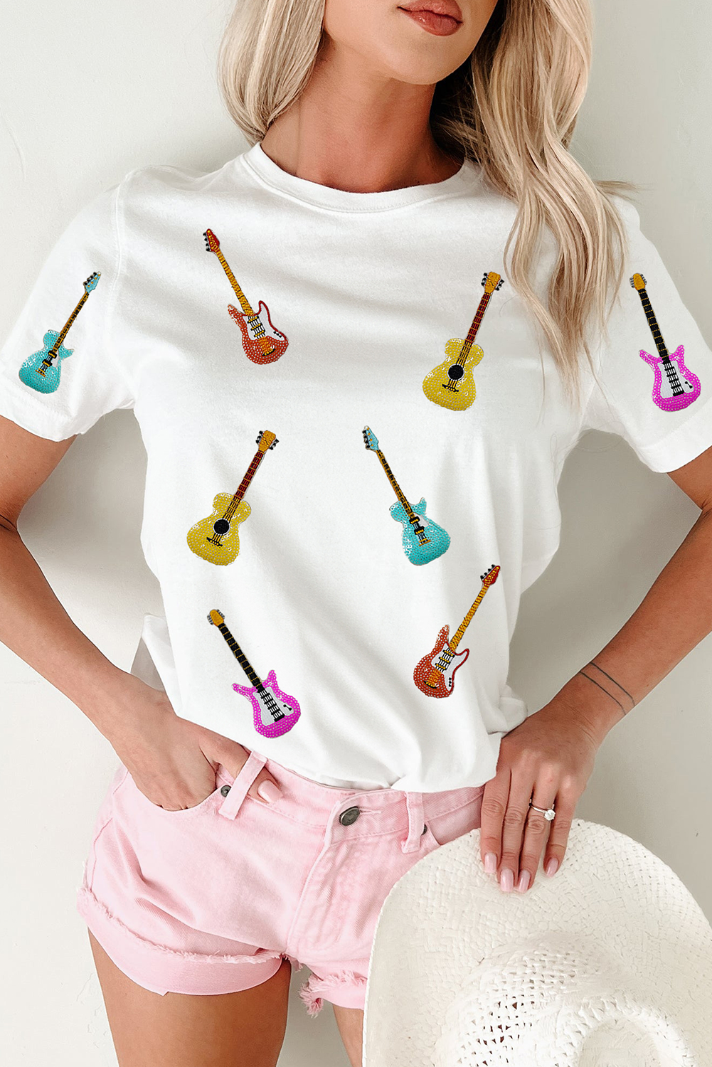 White Guitar Patched Graphic Crew Neck Tee - loveforevers