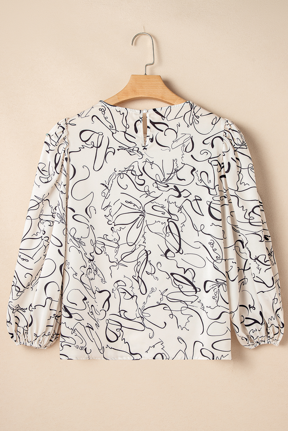 Beige Abstract Print Balloon Sleeve Crew Neck Blouse - loveforevers