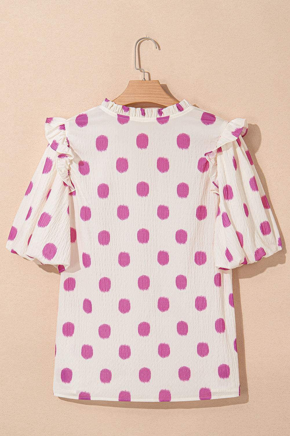 Black Polka Dot Print Shirred Yoke Notched Neck Balloon Sleeve Blouse - loveforevers