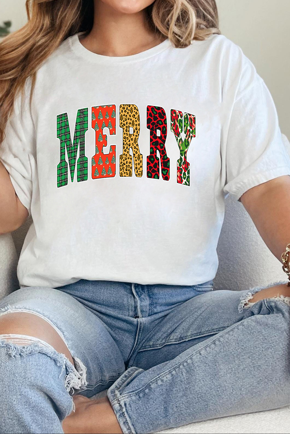 White Leopard Plaid Multi-pattern MERRY Letter Graphic Tee - loveforevers