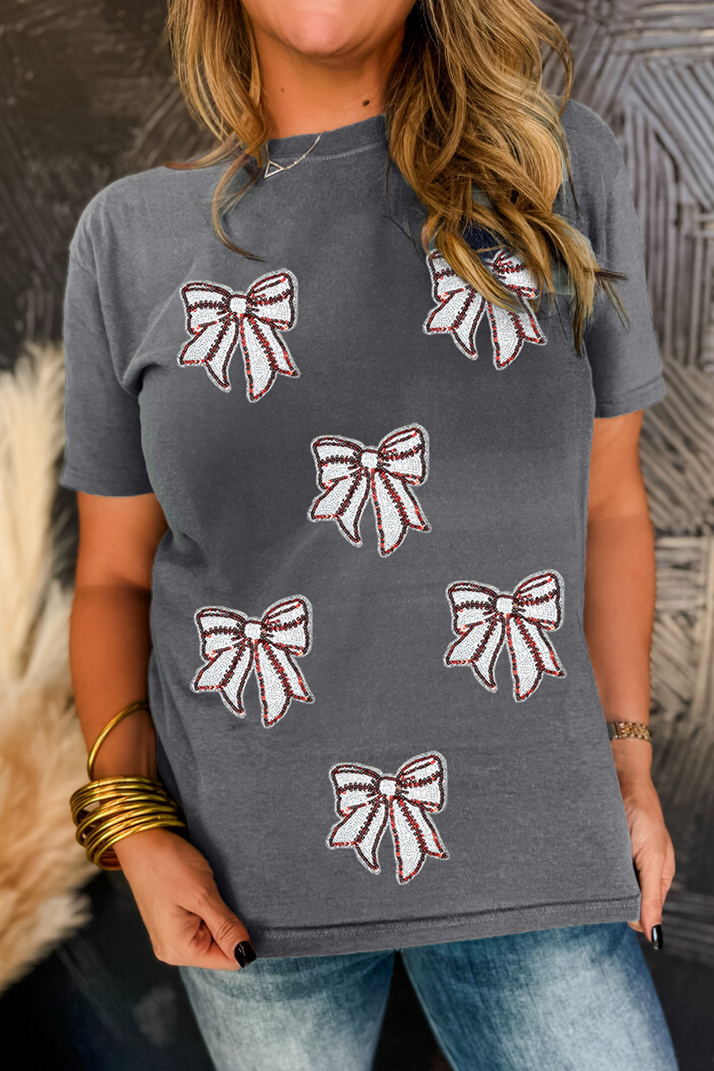 Gray Sequin Bow Baseball Fashion Graphic Tee - loveforevers
