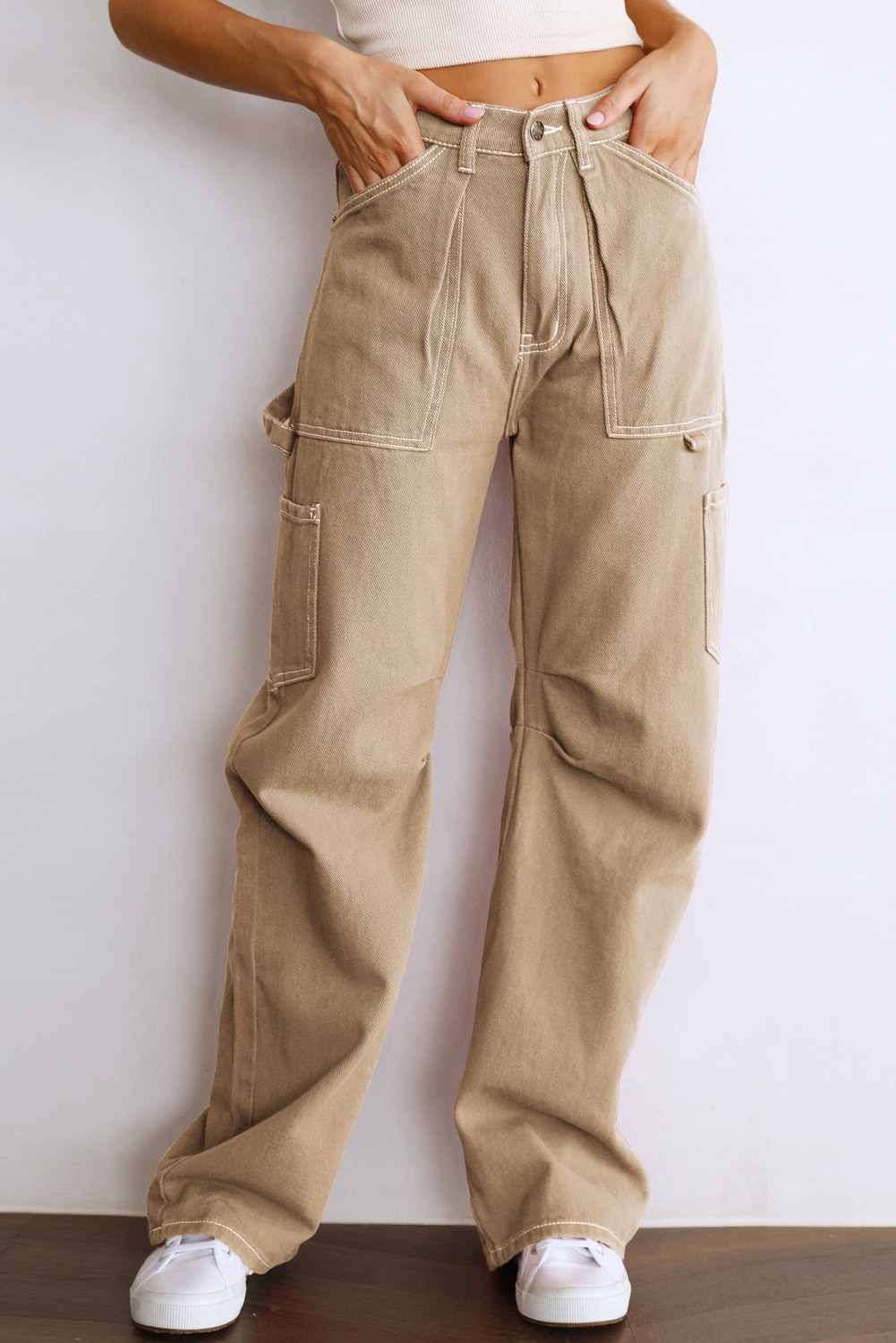 White High Waist Straight Leg Cargo Pants with Pockets - loveforevers