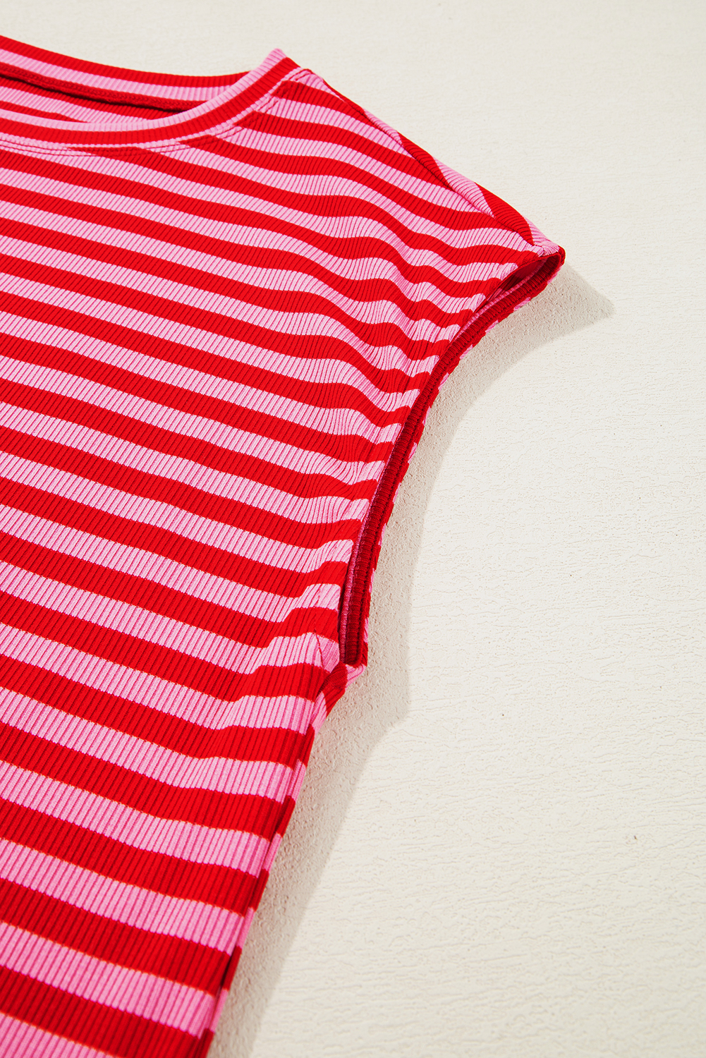 Sky Blue Stripe Ribbed Cap Sleeve Round Neck T Shirt - loveforevers