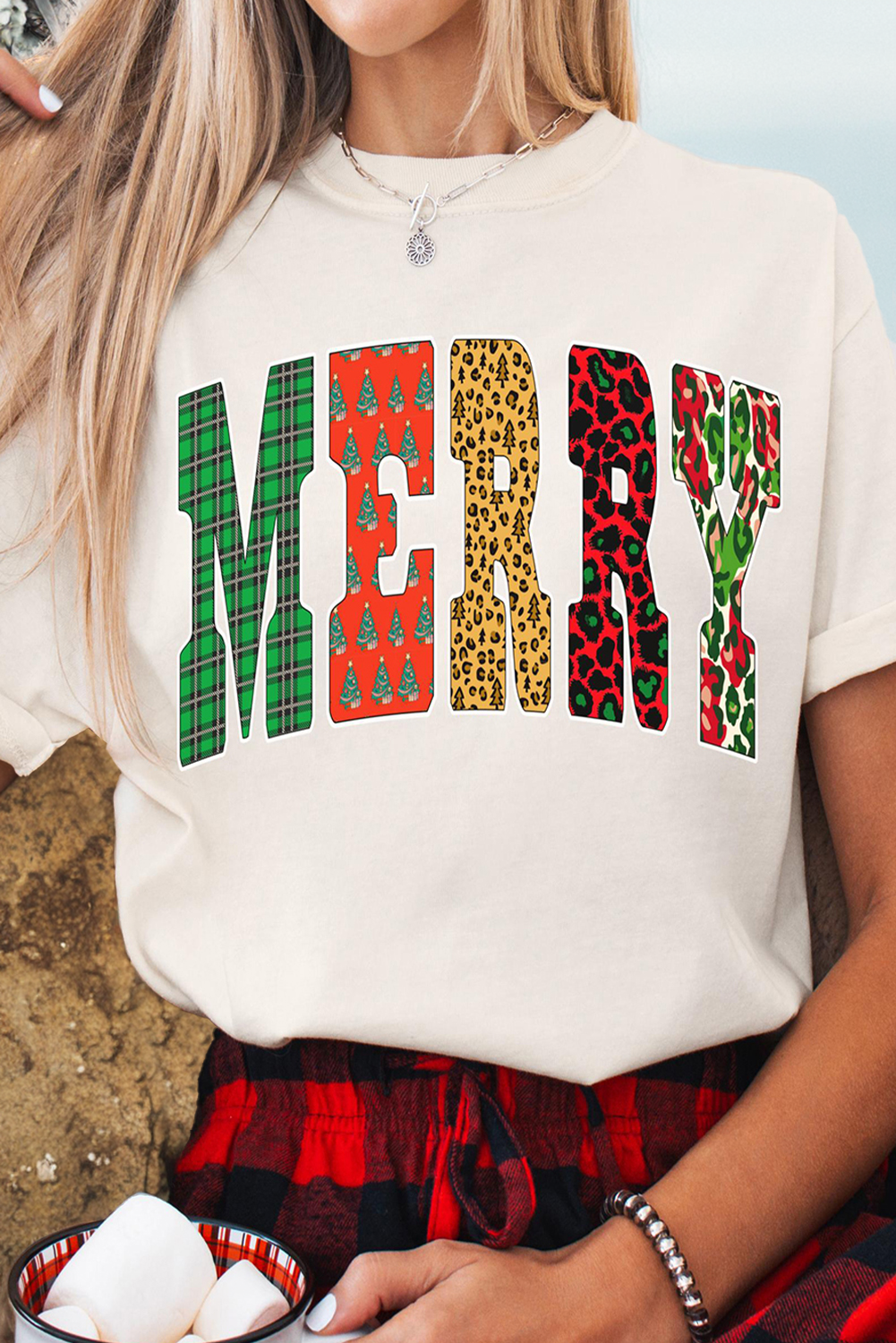White Leopard Plaid Multi-pattern MERRY Letter Graphic Tee - loveforevers