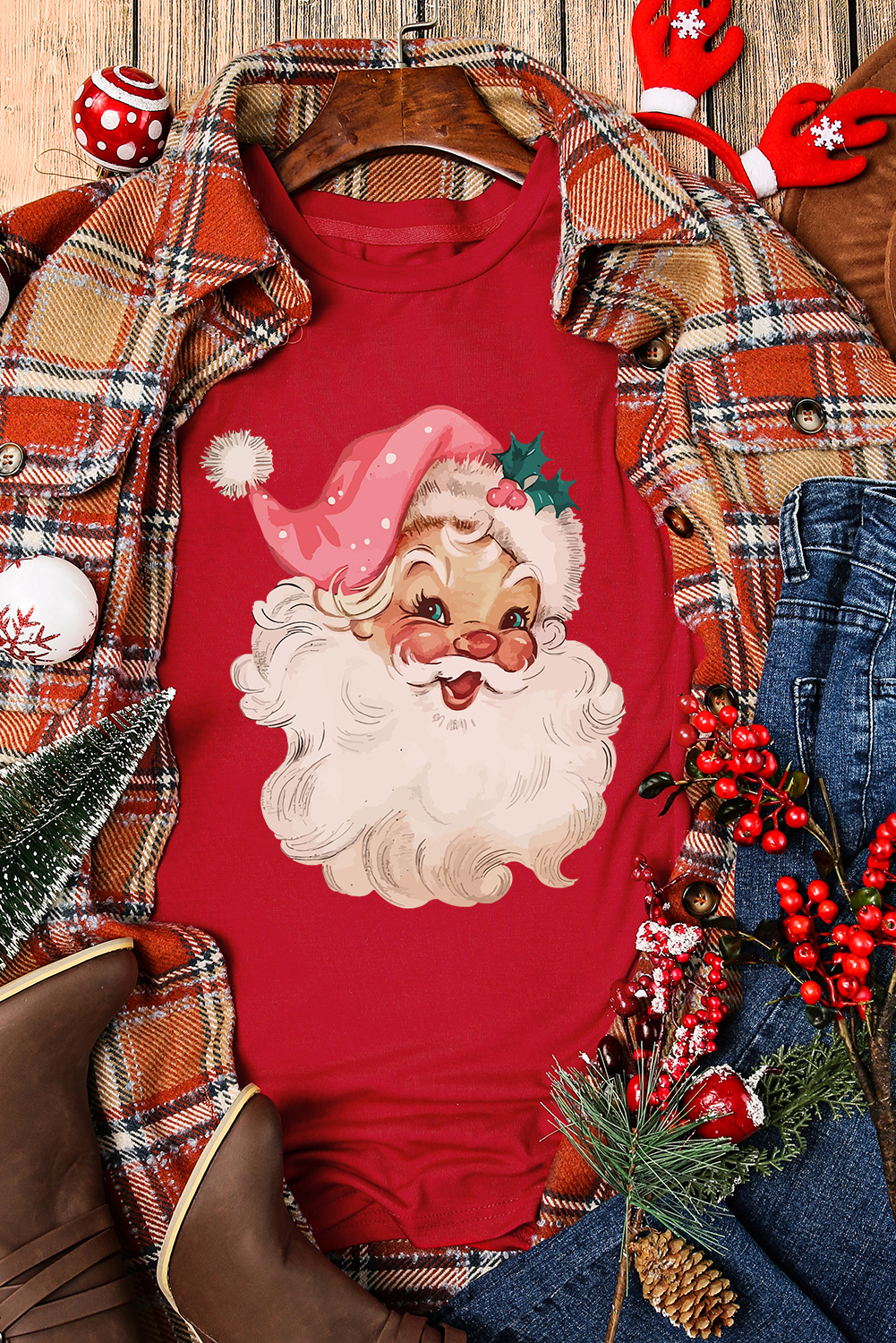 Red Christmas Santa Claus Print Crew Neck T Shirt - loveforevers