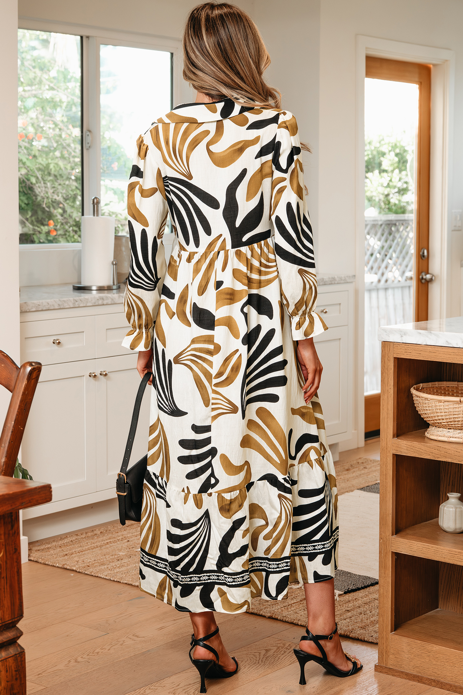 Brown Tropical Printed Contrast Trim Neck Long Sleeve Ruffle Hem Dress - loveforevers