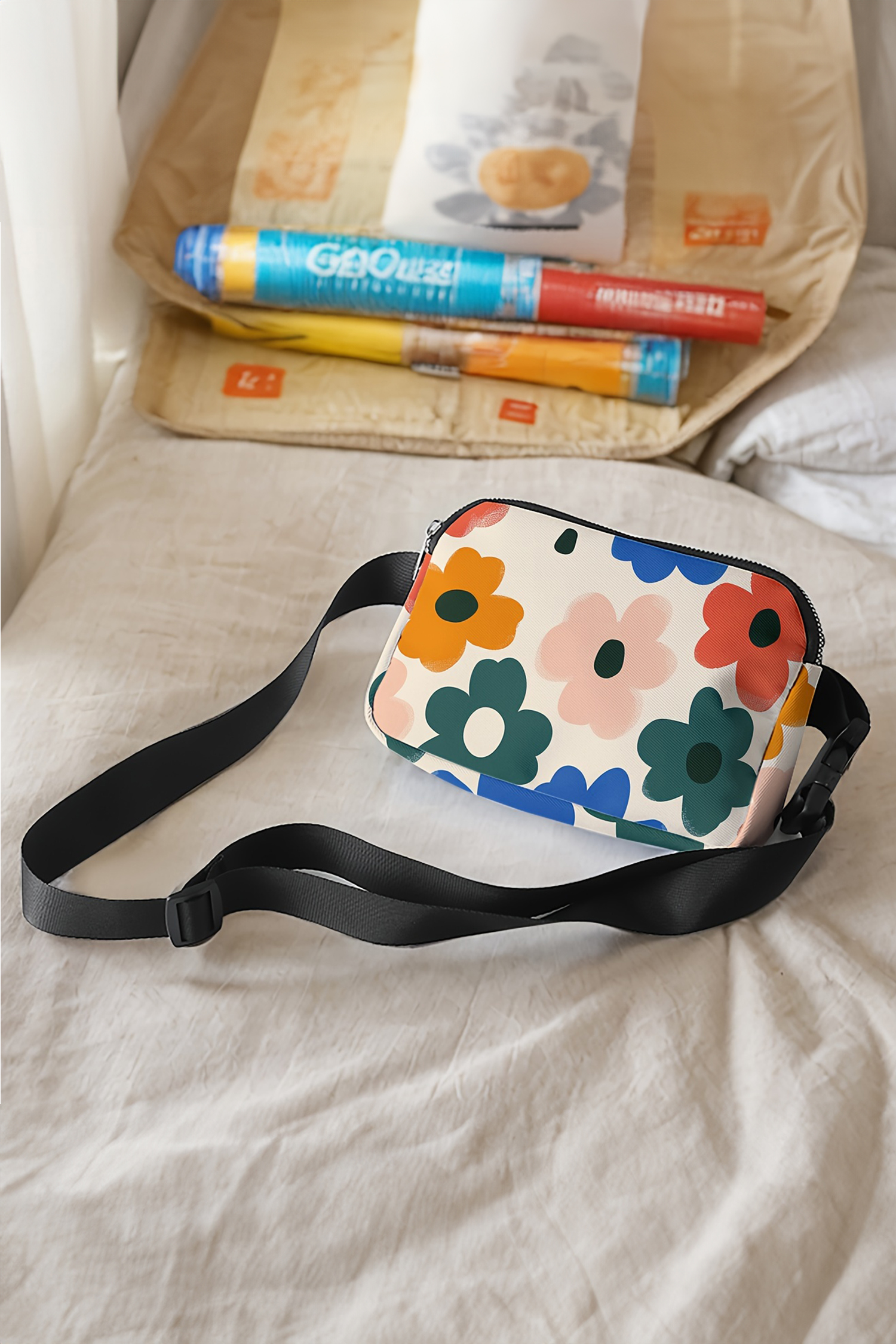 White Cute Flower Printed Canvas Crossbody Bag - loveforevers