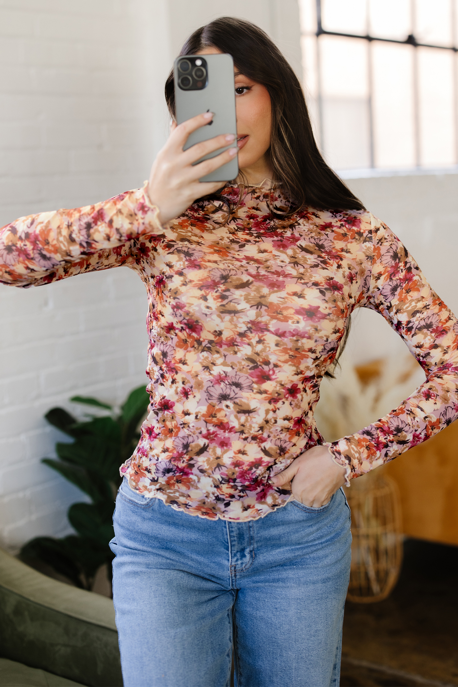 Red Lettuce Trim Floral Print Mesh Long Sleeve Top - loveforevers