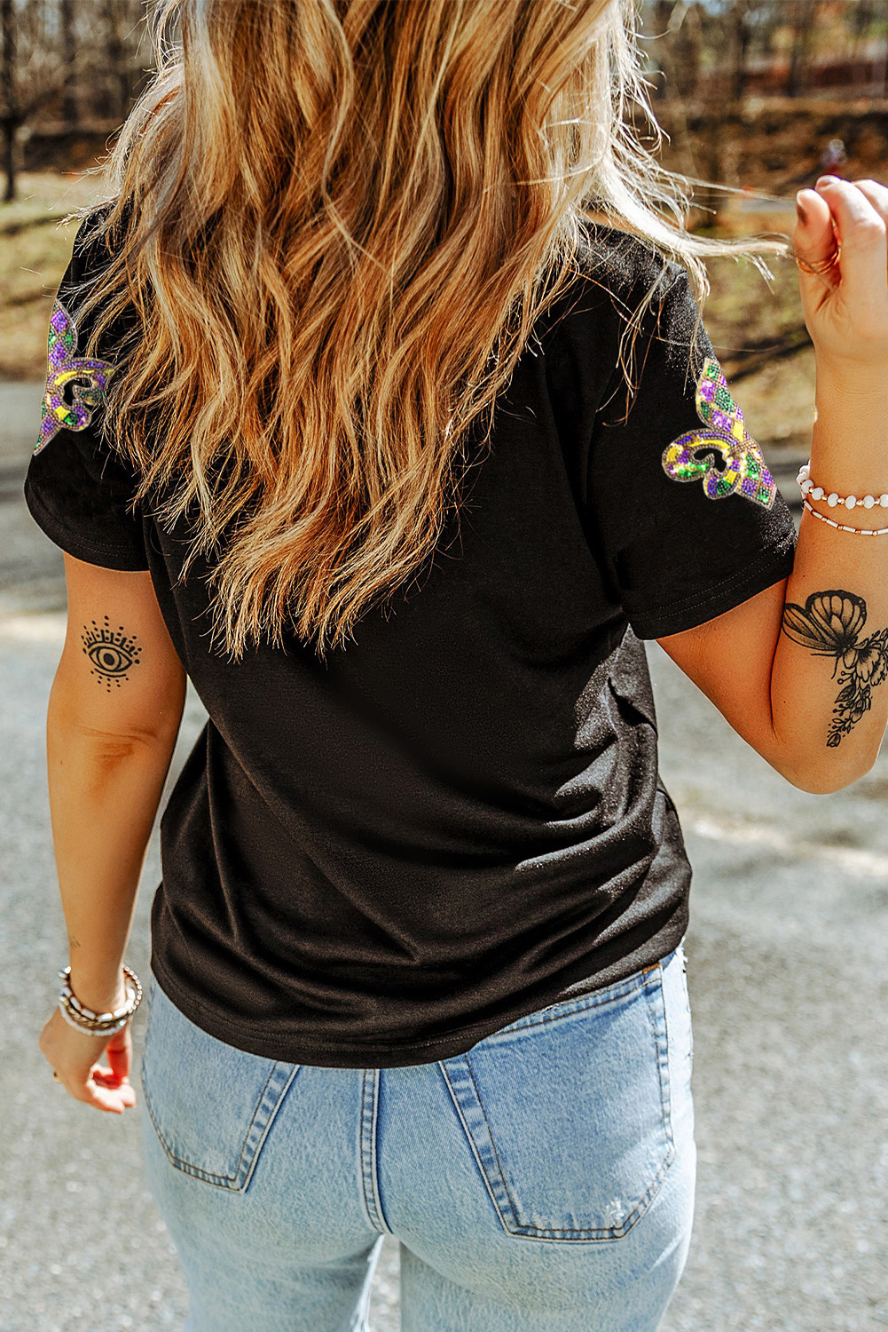 White Maid Gras Sequin Fleur de Lis Graphic T Shirt - loveforevers