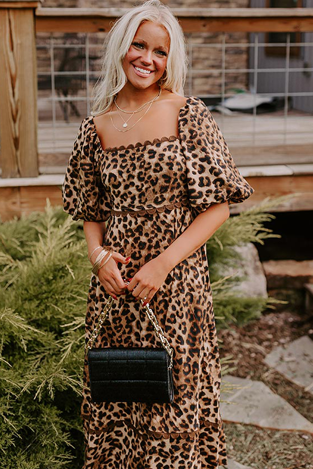 Brown Leopard Print Bubble Sleeve Square Neck Maxi Dress - loveforevers