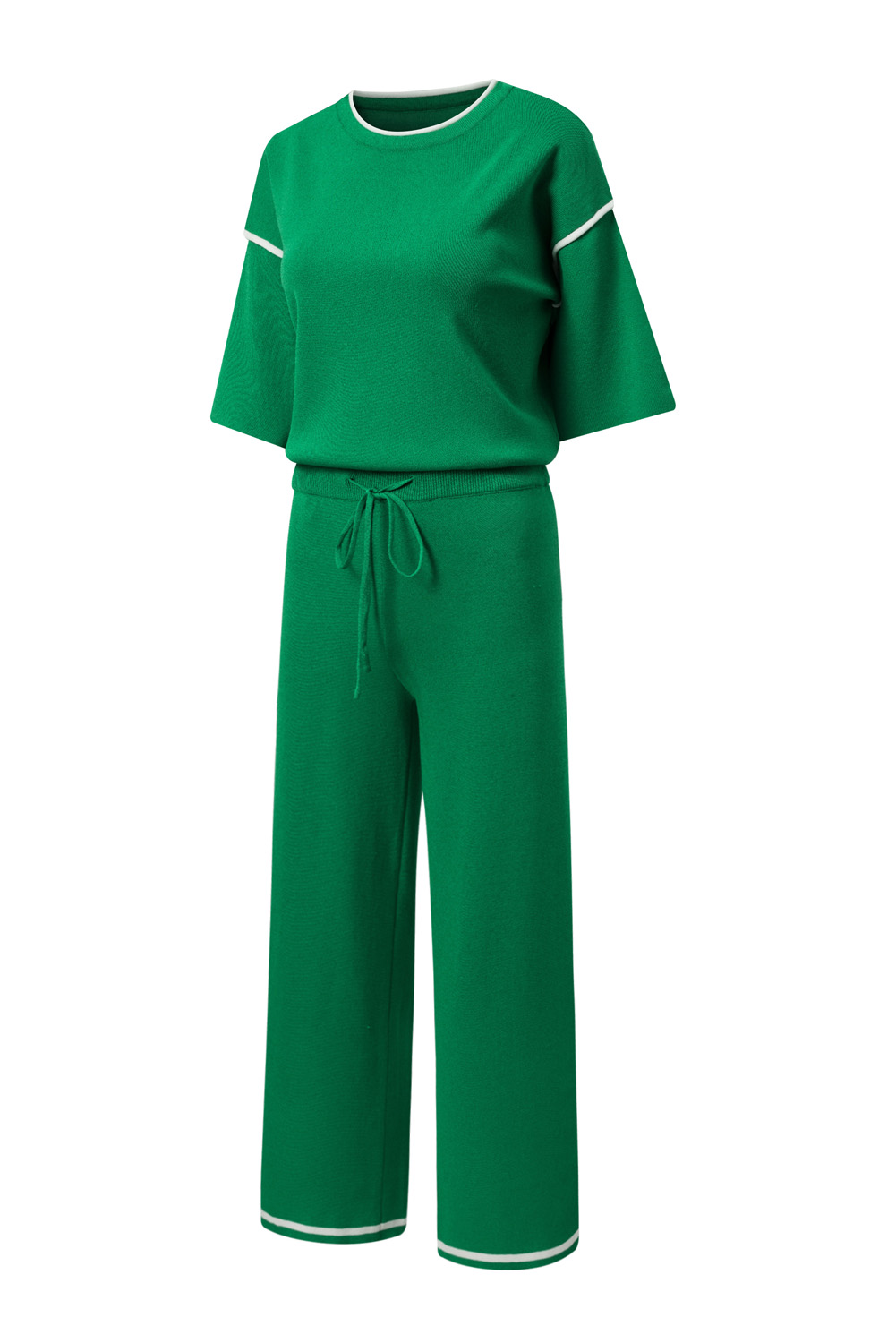 Blackish Green Contrast Trim Half Sleeve Top Drawstring Pants Loose 2pcs Sweater Suit - loveforevers