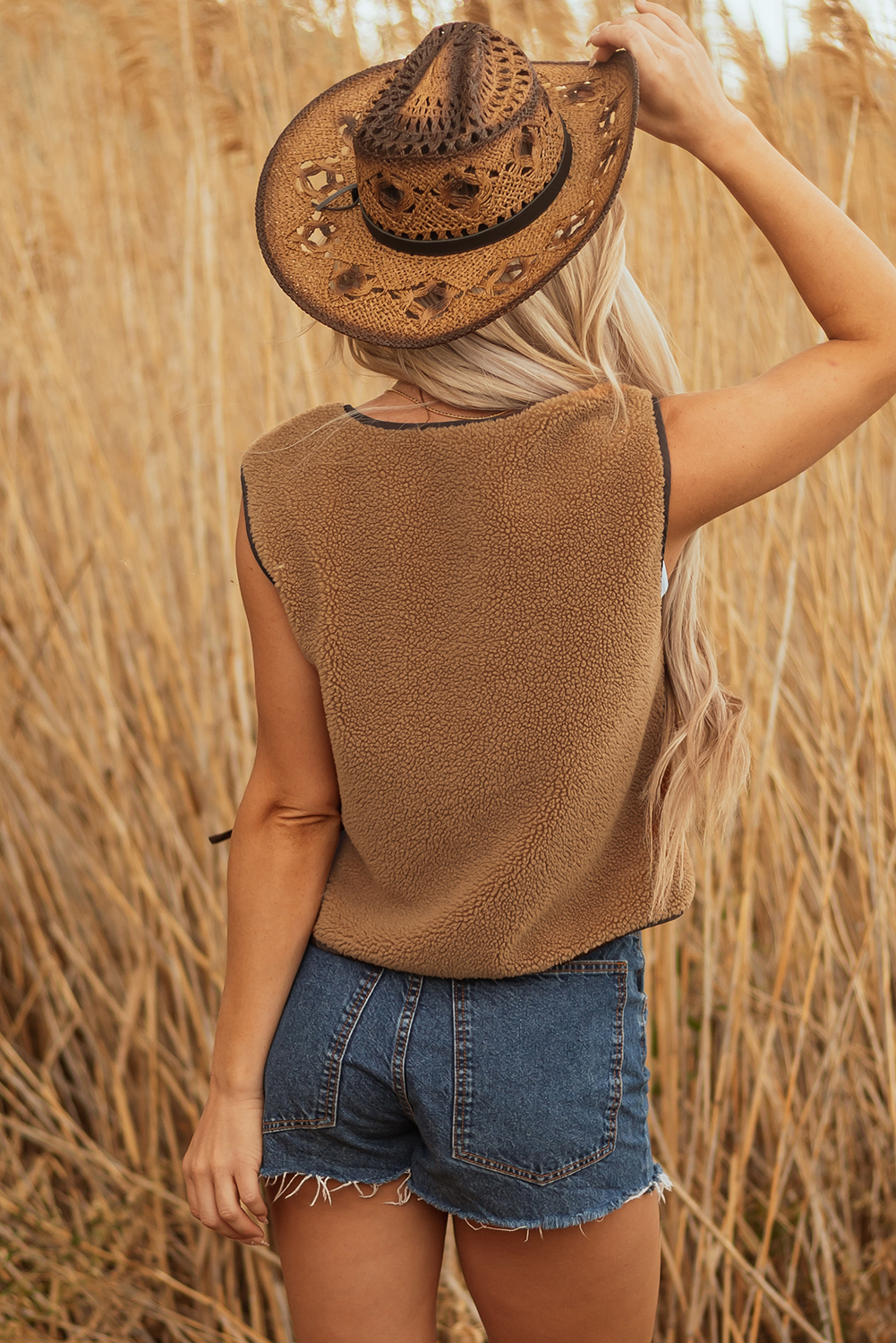 Light French Beige Contrast Trim Tie Front Sherpa Vest - loveforevers