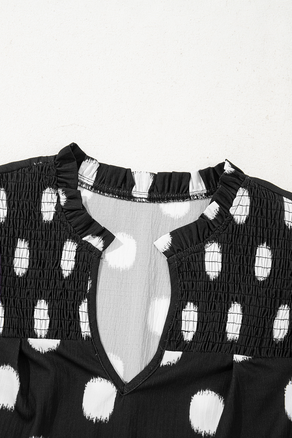Black Polka Dot Print Shirred Yoke Notched Neck Balloon Sleeve Blouse - loveforevers