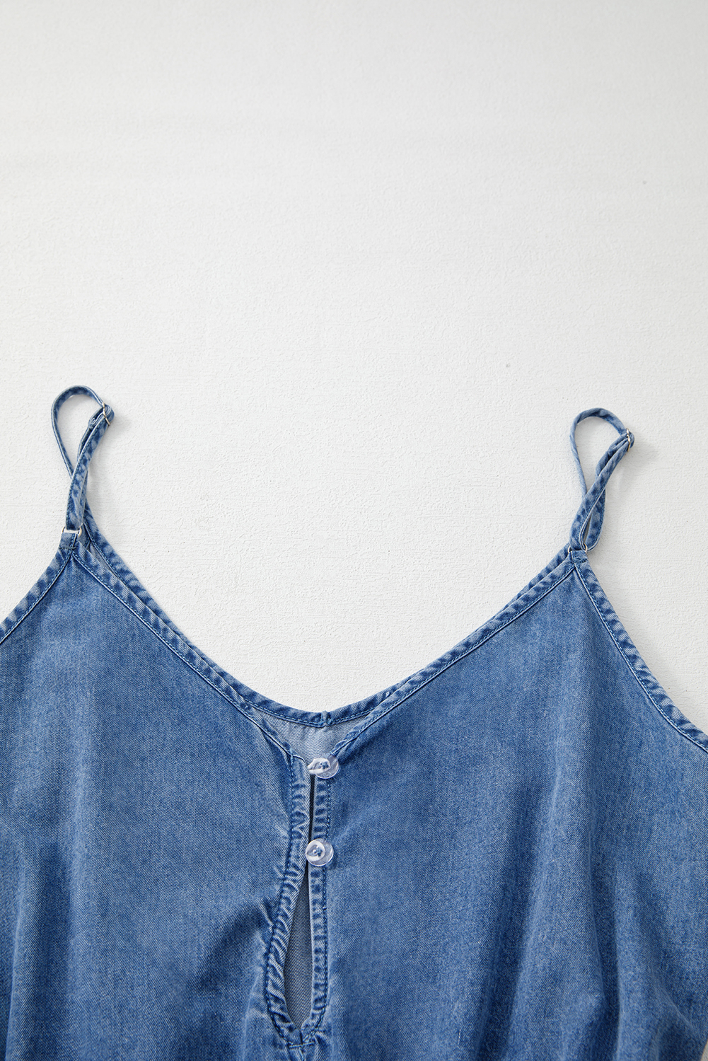 Ashleigh Blue Spaghetti Straps V Neck Belted Ruffled Leg Chambray Romper - loveforevers