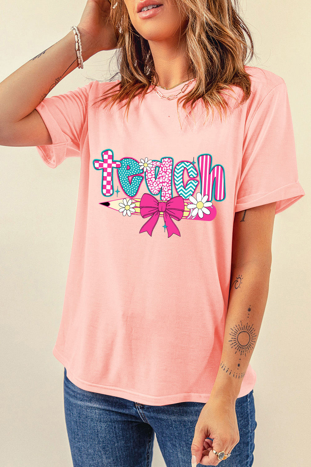 Pink Preppy Retro Checkered Coquette Teach Graphic T-Shirt - loveforevers