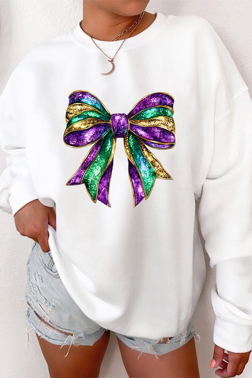 White Mardi Gras Bow Graphic Drop Shoulder Sweatshirt - loveforevers