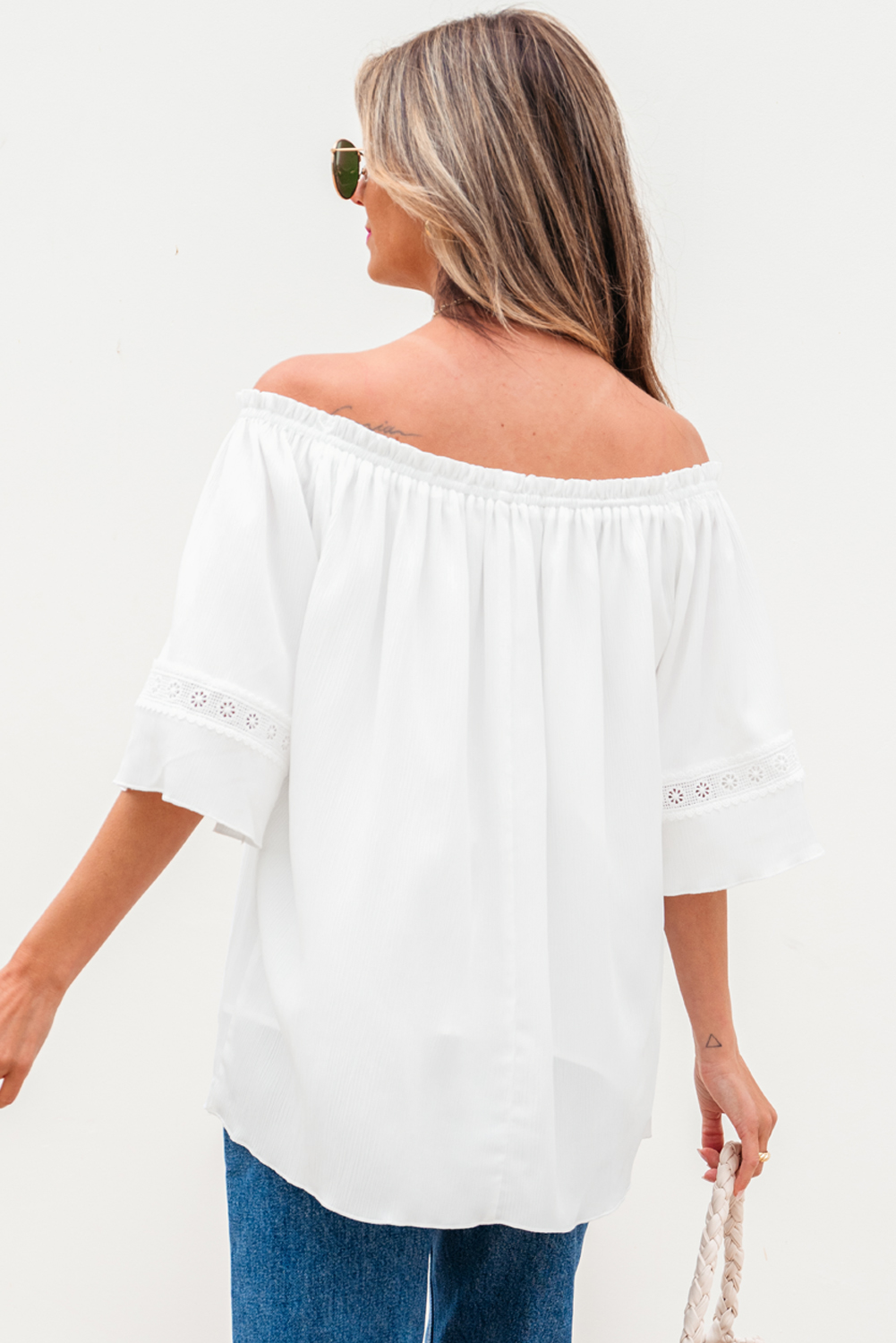 White Frilly Off Shoulder Lace Insert Sleeve Textured Blouse - loveforevers