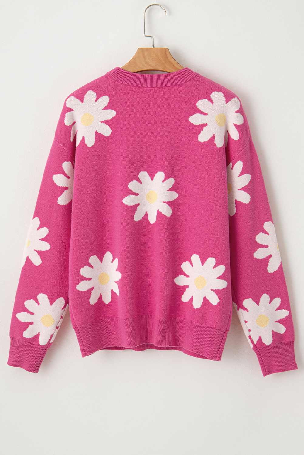 Bright Pink Daisy Flower Crew Neck Long Sleeve Sweater - loveforevers