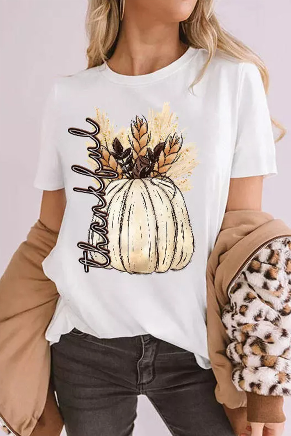 White Harvest Pumpkin Graphic Thanksgiving Tee - loveforevers