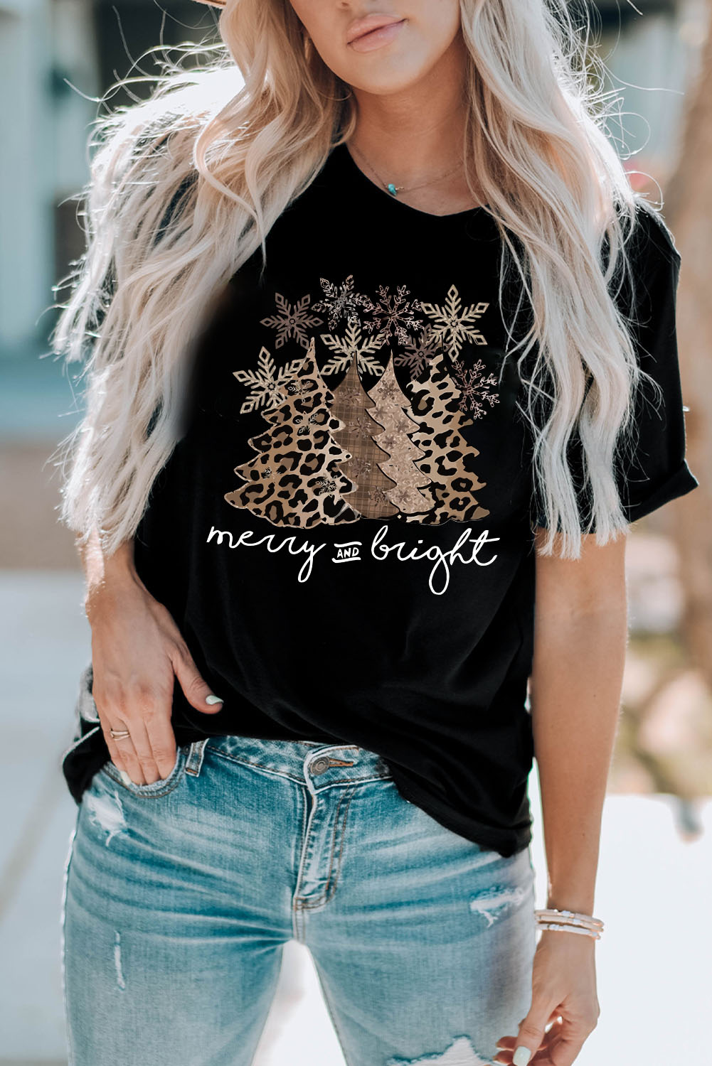 Black Leopard Christmas Tree Graphic Crew Neck T Shirt - loveforevers