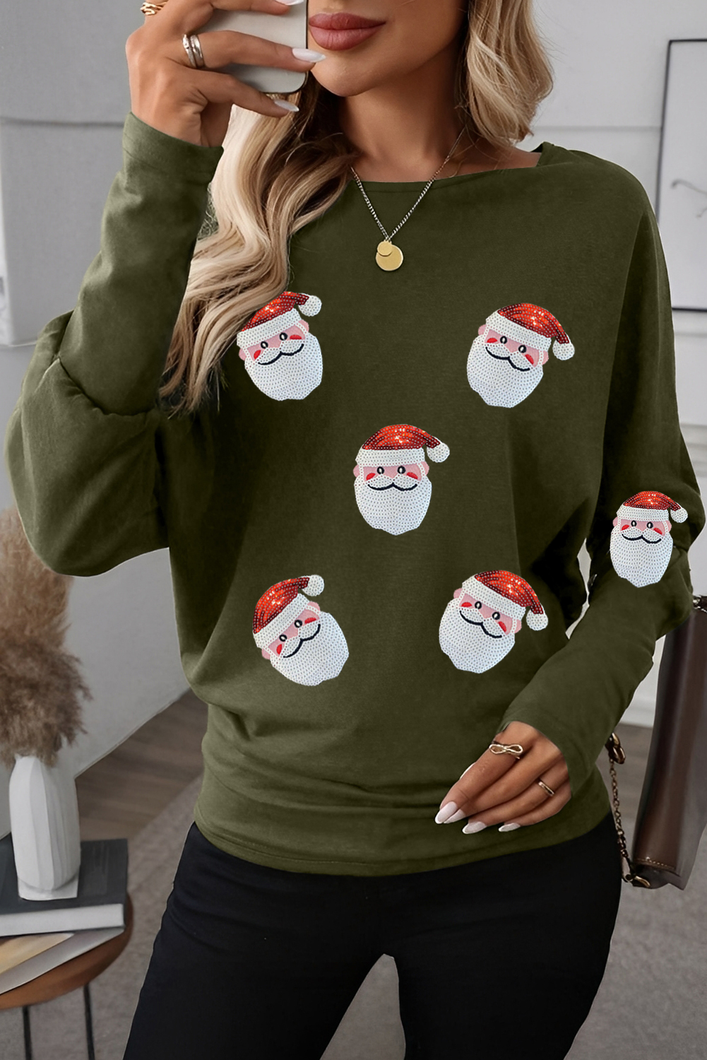 Four Leaf Clover Sequin Santa Claus Patched Dolman Long Sleeve Top - loveforevers