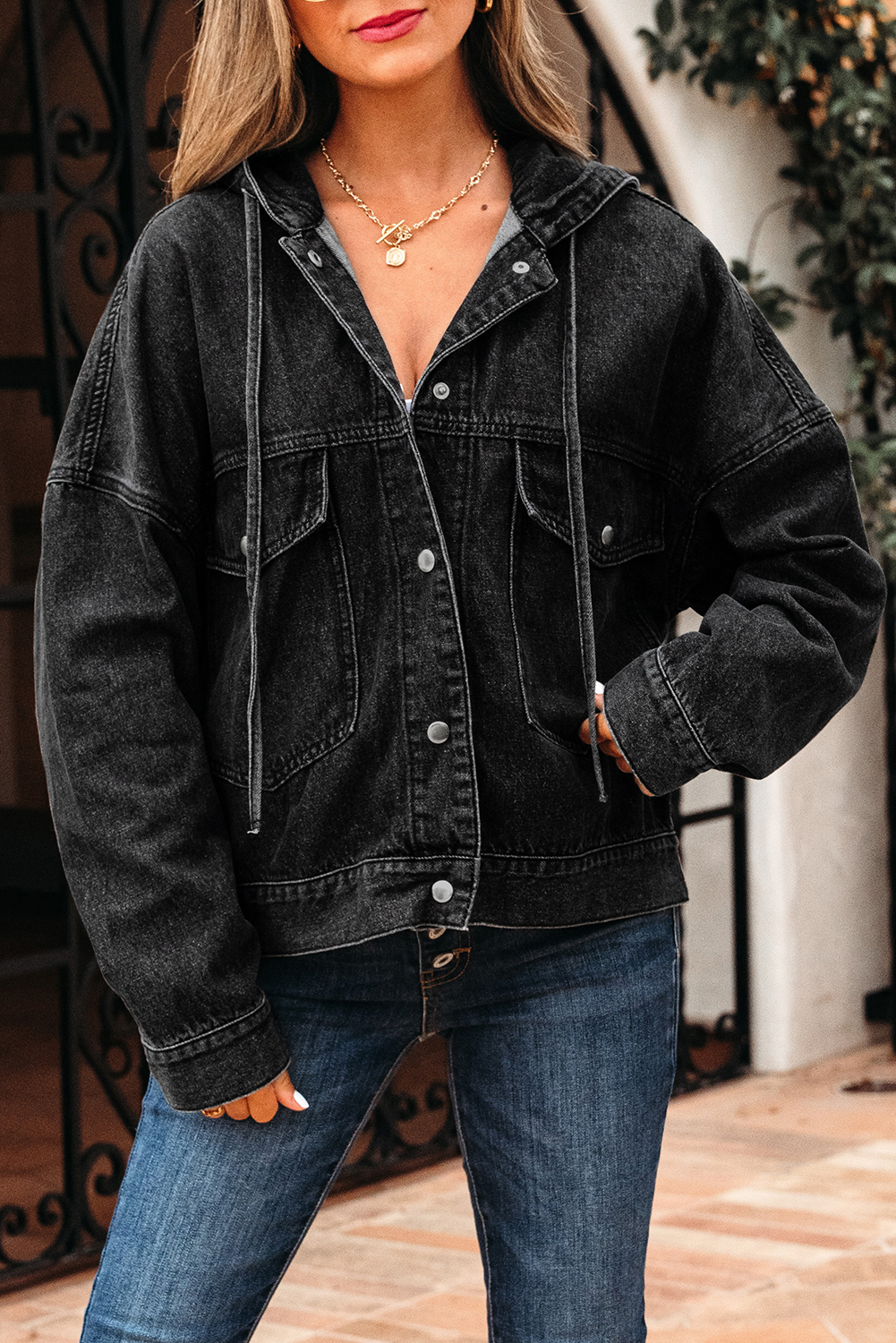 Black Big Chest Pocket Drop Shoulder Hooded Denim Jacket - loveforevers
