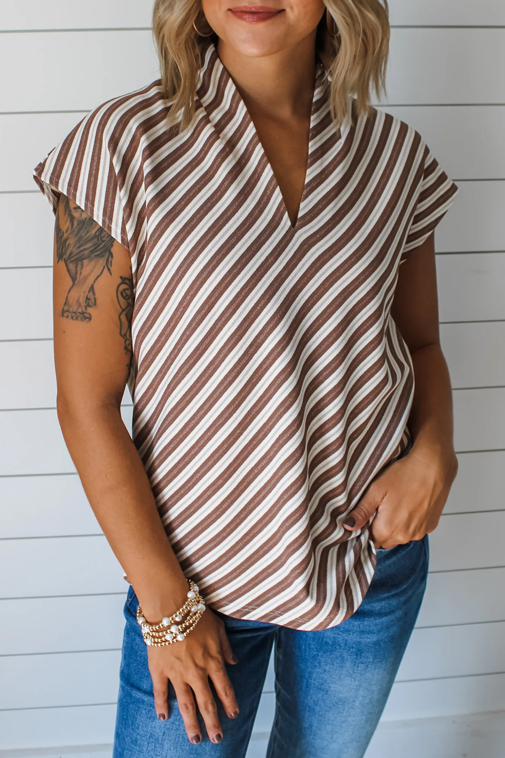 Chestnut Striped Stand V Neck Short Sleeve Blouse - loveforevers
