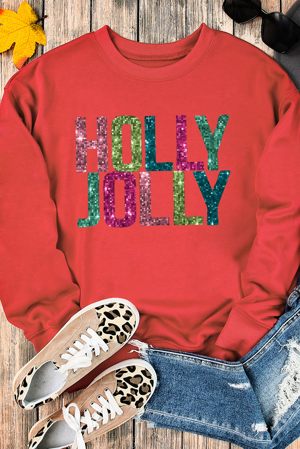 Red Heat Transfer HOLLY JOLLY Printing Christmas Pullover Sweatshirt - loveforevers