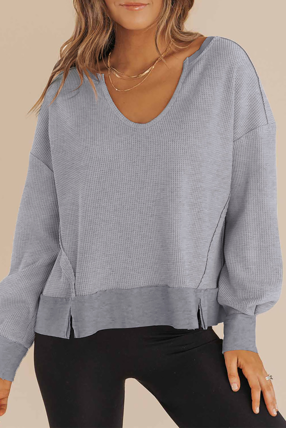 Dark Brown Waffle Knit Notched V Neck Drop Shoulder Solid Sweatshirt - loveforevers