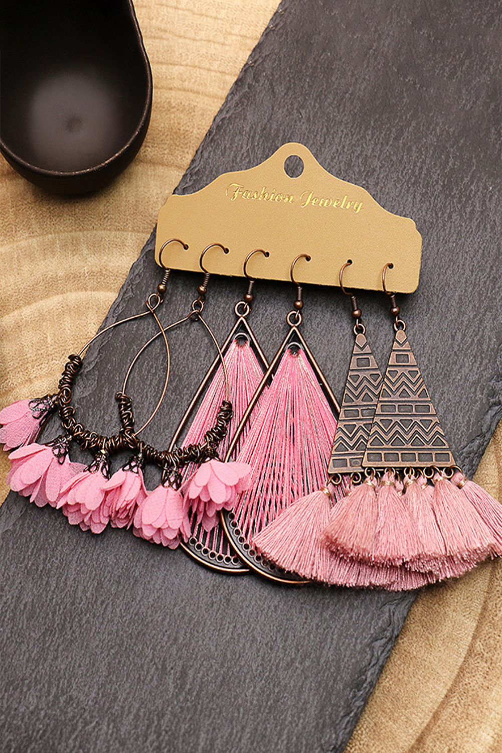 Dark Brown 3 Pairs Boho Floral Tasseled Geometric Dangle Earrings Set - loveforevers