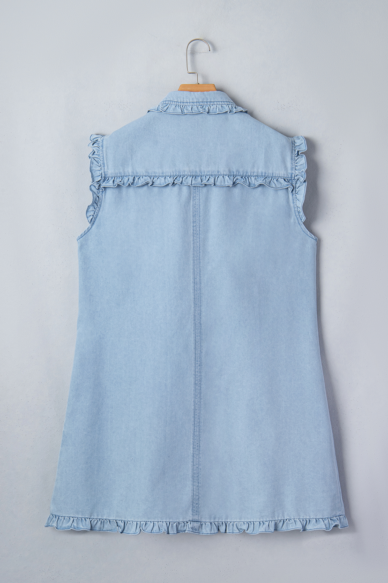 Beau Blue Ruffled Edge Collared Shift Denim Dress with Pockets - loveforevers