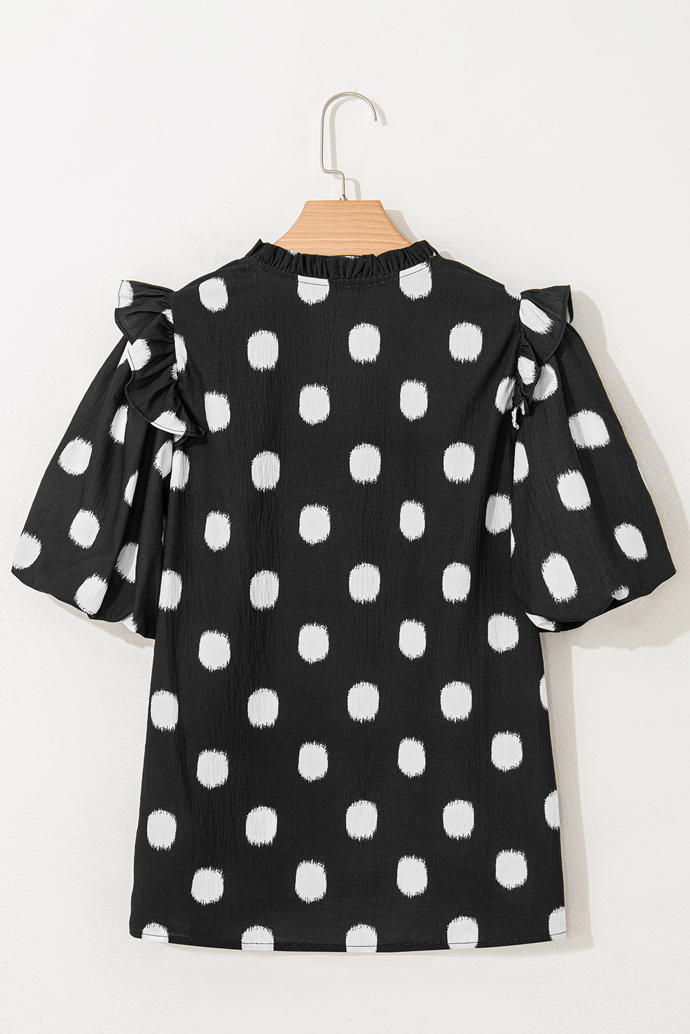 Black Polka Dot Print Shirred Yoke Notched Neck Balloon Sleeve Blouse - loveforevers